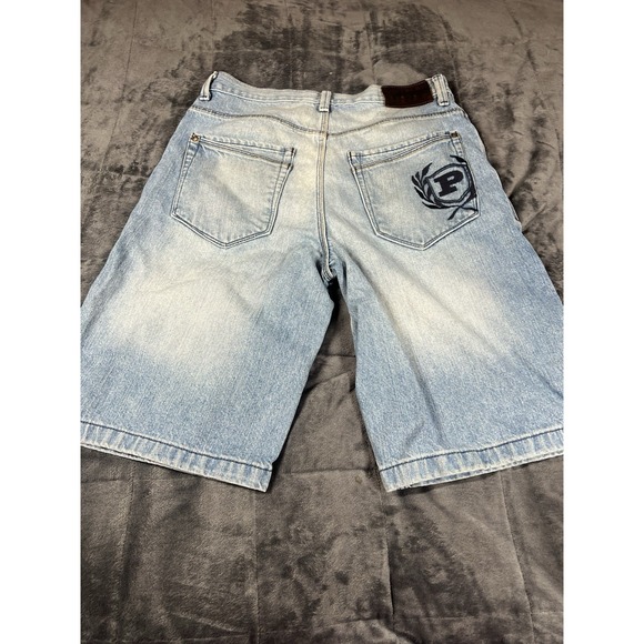 Vtg Phat Farm Shorts Mens 34 Wide Leg Baggy Jean Blue Denim Long Embroidered Y2K - Picture 10 of 13